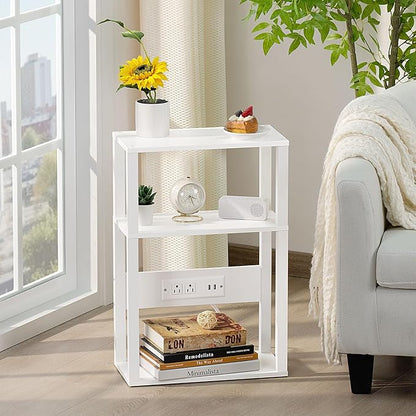 YUFAM 3-Tier Small Narrow Wood Side Table with Charging Station, Skinny Nightstand for Small Space, Slim Bedside Table with Storage for Couch, Thin End Table with USB Ports and Outlets, White