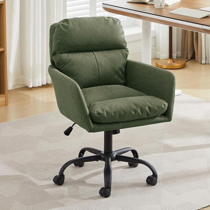 YITAI Adjustable Home Office Desk Chair with Comfy Square Mid-Back, Faux Leather 360,Study Green