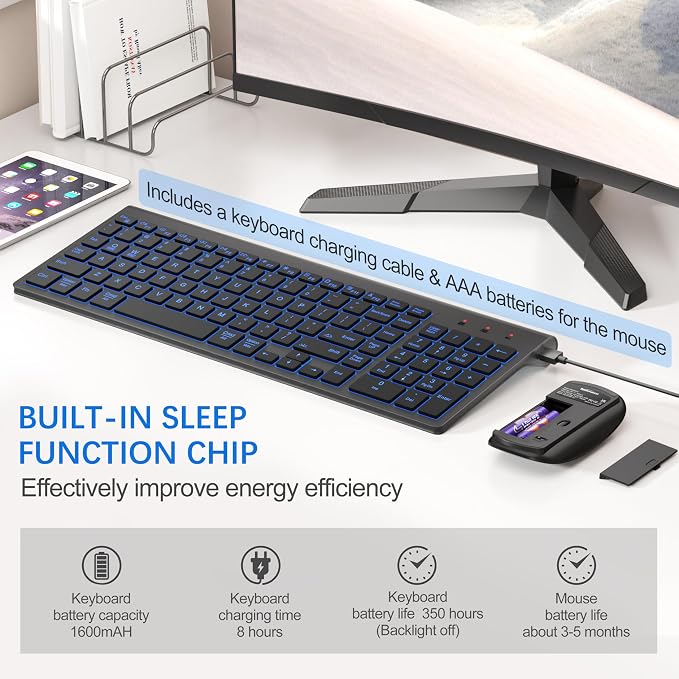 Wireless Backlit Keyboard and Mouse Ultra Slim Combo, TopMate 2.4G Silent Compact 2400DPI Mouse and Scissor Switch Keyboard Set, Batteries Included, for PC/Laptop/Windows/Mac/Gaming - BL Matte Black