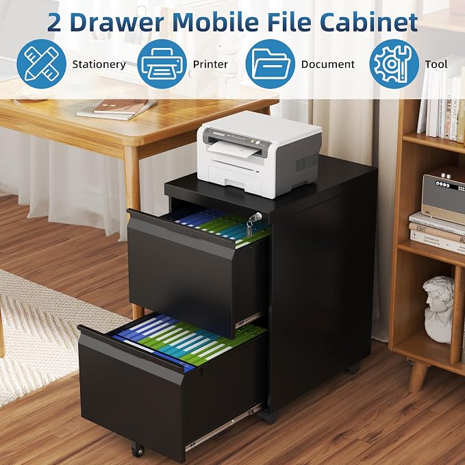 2 Drawer Mobile File Cabinet with Lock, Metal Small Filing Cabinets for Home Office Organizer,Rolling Filing Cabinets Under Desk Storage for Letter/Legal/A4,Assembly Required,Black