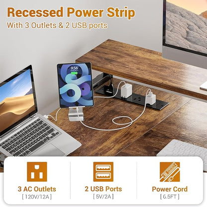 Aheaplus L Shaped Desk with File Drawer, Reversible L Shaped Computer Desk Gaming Desk with Power Outlet & LED Strip, Home Office Desk Corner Desk with Monitor Shelf, Storage Shelves, Rustic Brown