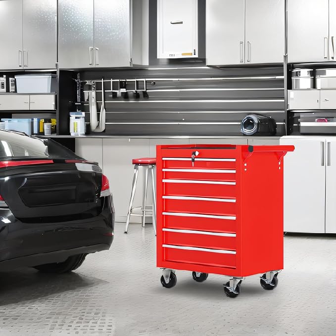 RYH 7 Drawers Rolling Tool Chest & Tool Box on Wheels | Heavy Duty Metal Cart with Ball Bearing Drawers | Fits US General Tool Box for Garage Storage (Red-6, 7 Drawers（29.6" H × 24.4" W × 13" D)