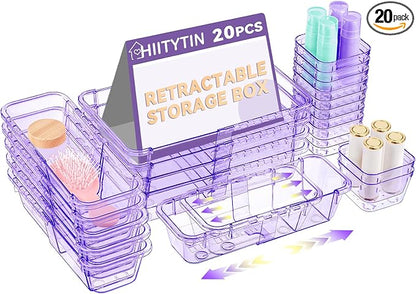 20 Pcs Adjustable Clear Drawer Organizer, Extendable Vanity Storage Bins, Desk Drawer Organizer Set for Makeup, Cosmetics, Bedroom, and Gadgets, Purple