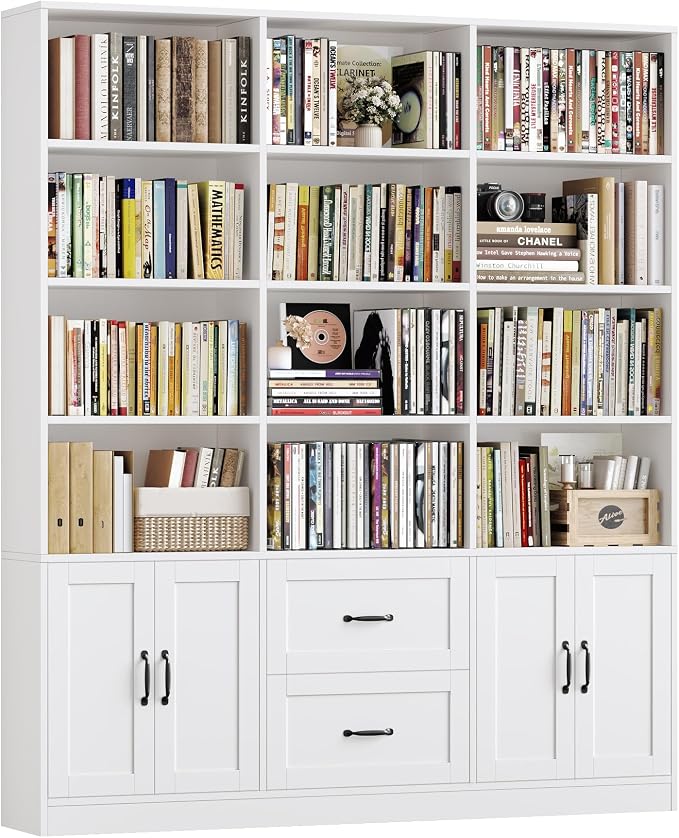HOSTACK 71" Tall Triple Wide Bookshelf with Doors & Drawers, Modern Wood Bookcase for Storage, 6-Tier Large Bookcase with Display Shelves, Space-Saving Bookshelf for Living Room, Home Office, White