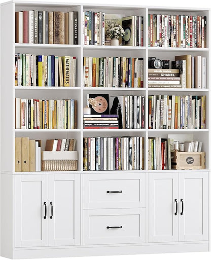 HOSTACK 71" Tall Triple Wide Bookshelf with Doors & Drawers, Modern Wood Bookcase for Storage, 6-Tier Large Bookcase with Display Shelves, Space-Saving Bookshelf for Living Room, Home Office, White
