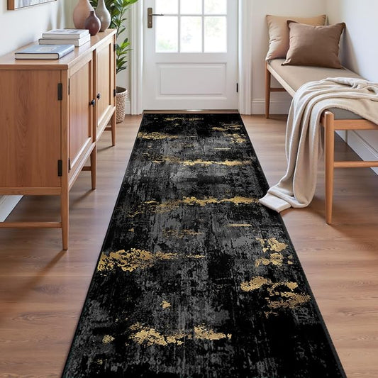 RELEANY Washable Area Rugs 2'x8' Non-Slip Modern Abstract Soft for Living Room Entryway Bedroom Kitchen, Print Pattern, Dark Black Gold