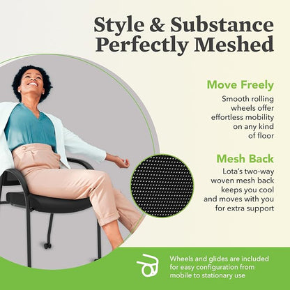 HON Lota Mesh Office Chair with Arms and Casters, Guest and Conference Desk Chair for Reception Areas, Waiting Rooms, and Offices, Fabric Seat, Stackable Design, Black