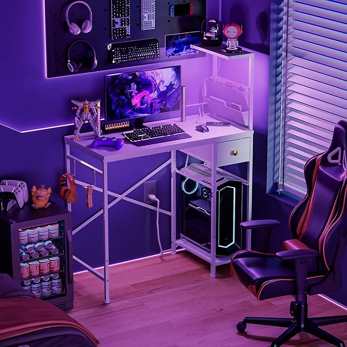 Jakyitvi 33.7" Computer Desk with Power Outlets, LED Lights & Drawer, Small Office Desk with Storage Bag & Hooks, Gaming Desk for Bedrooms or Home Office, Compact Study Desk for Small Spaces，White