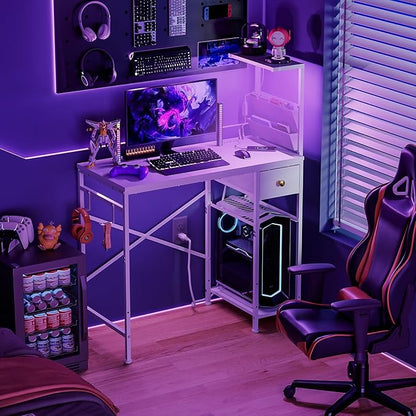 Jakyitvi 33.7" Computer Desk with Power Outlets, LED Lights & Drawer, Small Office Desk with Storage Bag & Hooks, Gaming Desk for Bedrooms or Home Office, Compact Study Desk for Small Spaces，White