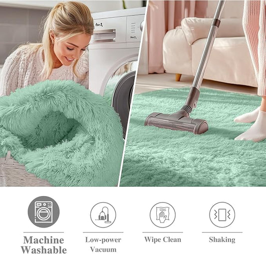 OLANLY Mint Green Round Rugs for Bedroom - Machine Washable, 4 ft Circle Area Rugs for Living Room, Soft and Fluffy Shaggy Carpet for Teen Girls and Boys, Nursery Rooms, Dorms, Home Decor Aesthetic