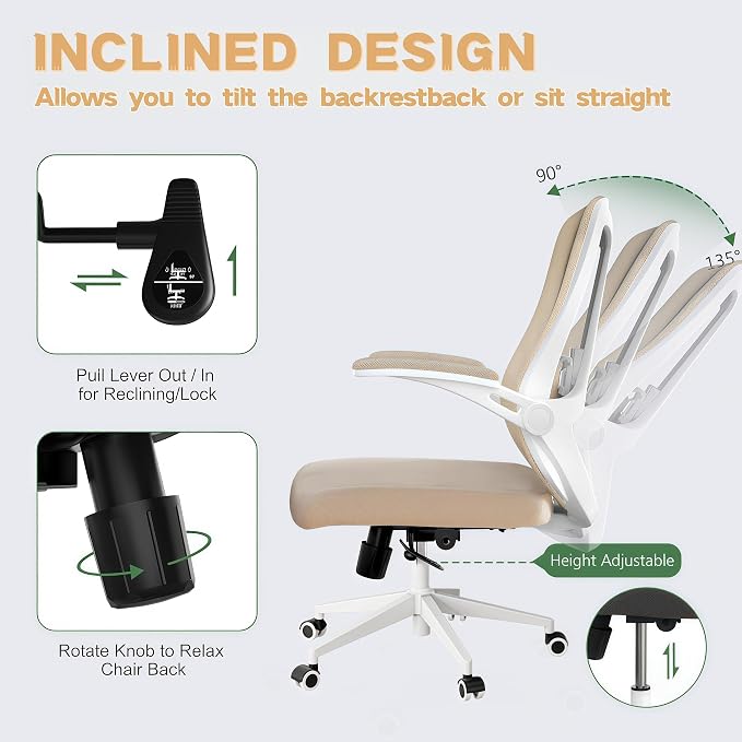 Ergonomic Office Chair - 350LB Comfy Desk Chairs with Lumbar Back Support, Mesh Computer Chairs with Wheels and Arms for Home Office, Study (Khaki-Without Headrest)