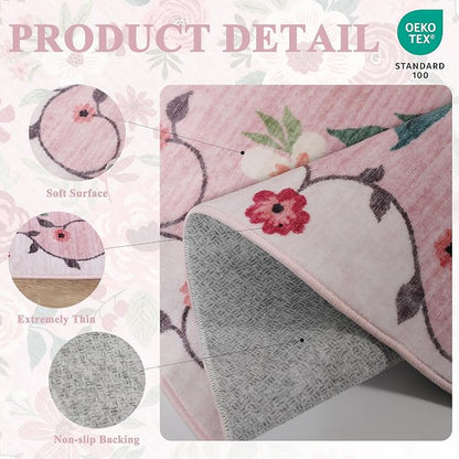 DUKINO 2.6x8 Kitchen Runner Rug for Hallway, Washable Runner Rug with Non Slip Backing, Low Pile Soft Boho Floral Carpet for Hallway, Kitchen, Entryway, Laundry, Bedroom, Pink
