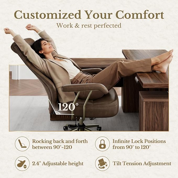High Back Executive Office Chair, Ergonomic PU Leather Desk Chair with Integrated Headrest, Lumbar Support & Recline Function, Adjustable Swivel Computer Chair for Home Office, Brown