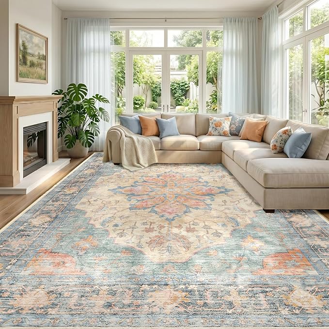 RELEANY Area Rugs Large 10'x14' Washable Non-Slip, Floral Vintage Distress Medallion Carpet for Living Room Bedroom Dining Room, Blue Orange Red