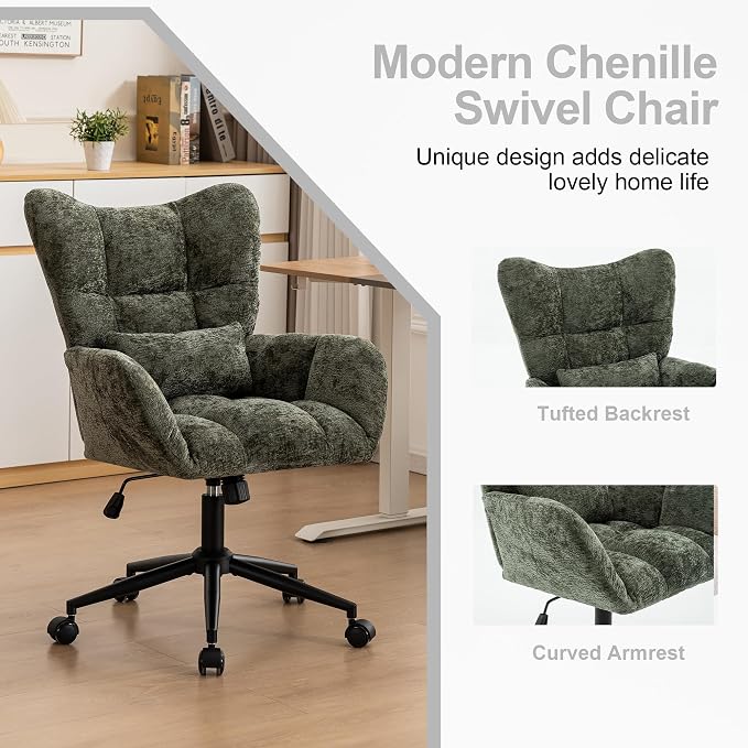 Home Office Desk Chair, Modern Tufted Chenille Vanity Chair, Adjustable Upholstered Swivel Computer Chairs for Bedroom, Living Room，Green