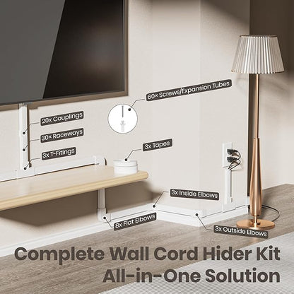 Delamu TV Cord Hider Wall, 472in Cable Hider, Cord Covers for 2-3 Wires on Wall, Paintable Wire Hiders Wire Covers for TV Cords on Wall, TV Cord Hider for Wall Mounted TV, 0.95in W x 0.55in H, White
