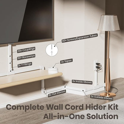 Delamu TV Cord Hider Wall, 472in Cable Hider, Large Cord Covers for 3-4 Wires on Wall, Paintable Cable Raceway to Hide Wires on Wall with 30 Raceways & 37 Accessories, 1.18in W x 0.67in H, White