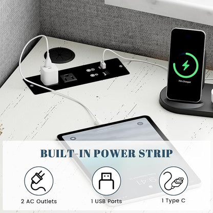 Corner Desk with Charging Station & LED Light, Triangle Computer Desk for Small Spaces with Storage Shelves & CPU Stand, Space Saving Writing & Makeup Vanity Desk -White