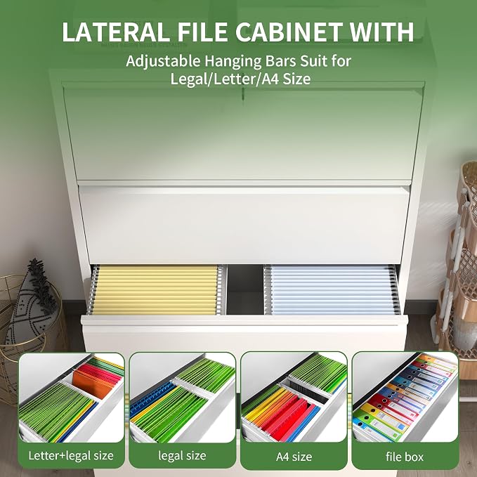 Metal Lateral File Cabinets with Lock,4 Drawer Filing Cabinets for Home Office,Storage Cabinets for Hanging Files Letter/Legal/F4/A4 (White)