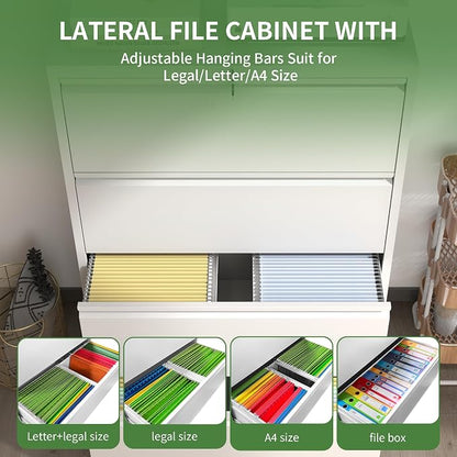 Metal Lateral File Cabinets with Lock,4 Drawer Filing Cabinets for Home Office,Storage Cabinets for Hanging Files Letter/Legal/F4/A4 (White)
