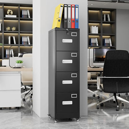 METAN 4 Drawer Metal File Cabinet with Lock, Mobile Heavy Duty Steel Filing Cabinet with Full Extension Rails, for Office Workspaces, Letter Legal Size, Black, Assembly Required