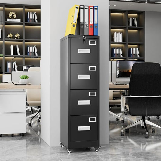 METAN 4 Drawer Metal File Cabinet with Lock, Mobile Heavy Duty Steel Filing Cabinet with Full Extension Rails, for Office Workspaces, Letter Legal Size, Black, Assembly Required