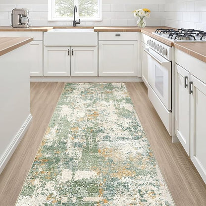 Runner Rug Kitchen Washable Rugs: 2x5 Non-Slip Abstract Soft Modern Stain Resistant Indoor Floor Neutral Accent Throw Carpet for Hallway Bathroom Laundry Room Entryway Bedroom- Green