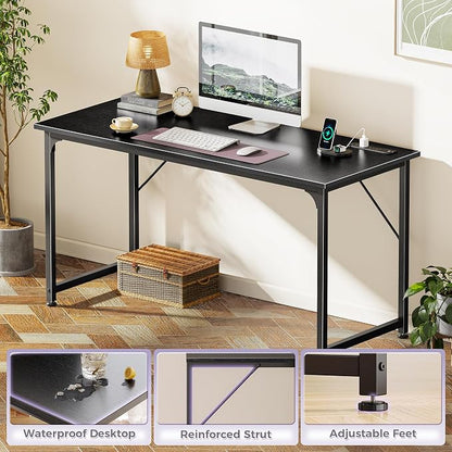 PRAISUN 55 X 20 Inch Office Computer Desk with Power Outlets and USB-C Port, Larger and Longer Gaming Desk, for Home Office, Study, Bedroom, Writing Work from Home Table, Metal Frame, Black
