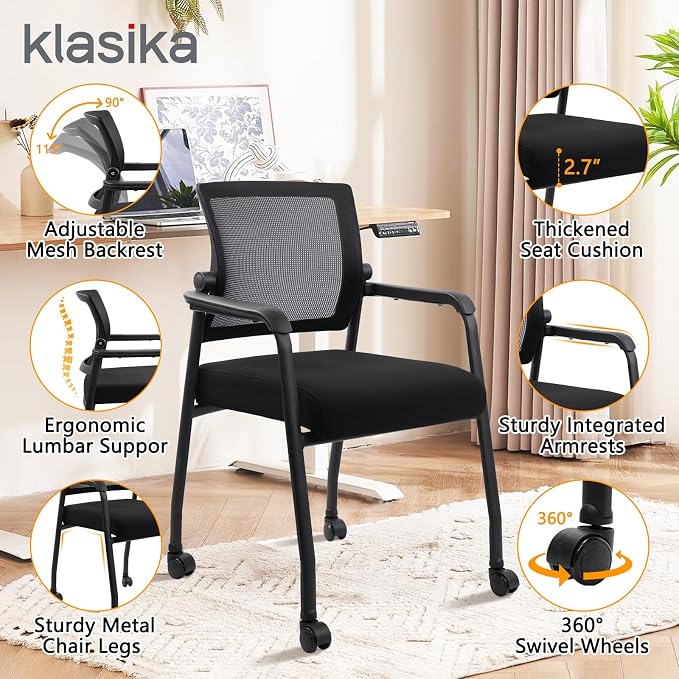 KLASIKA Waiting Room Chairs with Wheels, Adjustable Mesh Backrest, Desk Chair with Ergonomic Lumbar Support and Thickened Seats Cushion, Black