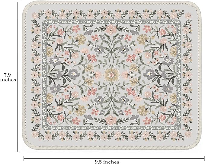 iCasso Aesthetic Small Floral Mouse Pad, Mini Portable Travel Mousepad, Anti-Slip and Comfortable Cloth Mouse Mat 7.9"x9.5" with Stitched Edges for Computer, Laptop, Office, Home(Gray Floral)