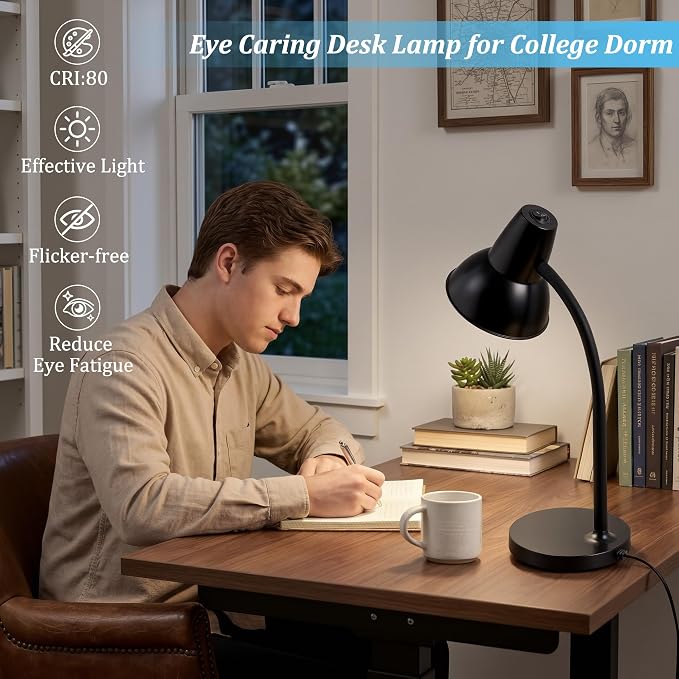 LED Desk Lamp with Flexible Gooseneck, Eye-Caring 4.5W Energy-Saving Study Lamps, Anti-tip Heavy Duty Bedside Reading Light, Desk Lamps for College Dorm Room, Home Office, Modern Lamp with 1.6m Cord