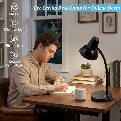 LED Desk Lamp with Flexible Gooseneck, Eye-Caring 4.5W Energy-Saving Study Lamps, Anti-tip Heavy Duty Bedside Reading Light, Desk Lamps for College Dorm Room, Home Office, Modern Lamp with 1.6m Cord
