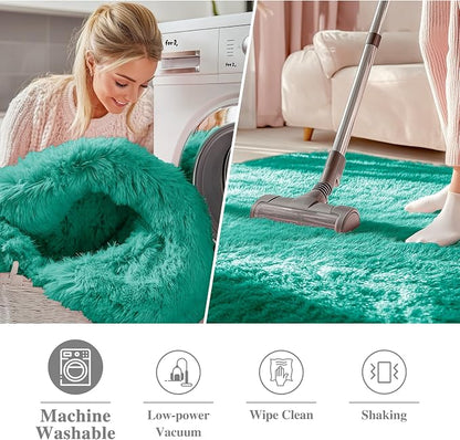 OLANLY Teal Green Round Rugs for Bedroom - Machine Washable, 2 ft Circle Area Rugs for Living Room, Soft and Fluffy Shaggy Carpet for Teen Girl and Boys, Nursery Rooms, Dorms, Home Decor Aesthetic