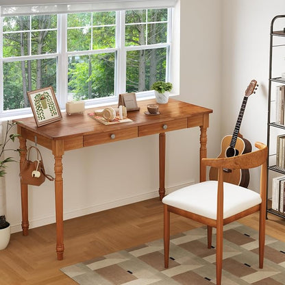 47 x 22 Inch Wooden Desk with Drawers -Simple Mid Century Modern Desk with 2 Hooks, Solid Rubber Wood Study Table for Living Room, Bedroom & Home Office, Walnut Color