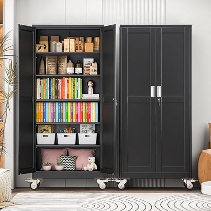 winiowa 75" Tall Metal Garage Storage Cabinet with Wheels, Steel Locking Rolling Tool Cabinet with 5 Adjustable Shelves for Garage,Home,Office (Black)