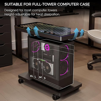 EUREKA ERGONOMIC Height Adjustable Computer Tower Stand, Illuminated Glass Panel PC Stand w/RGB Lights, 2-Tier CPU Holder Cart Under Desk, PC Floor Stand for Office Gaming, APP Control