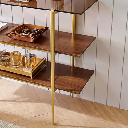 LumFurn Glass Console Table for Living Room, Foyer & Entryway, L41 x W14 x H31 Inch, 3-Tier Mid-Century Modern Sofa Table with Amber Glass Top, Walnut Finish Wood Shelf and Gold Finish Frame