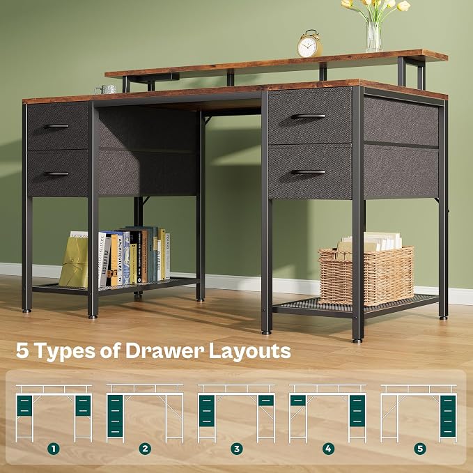 Huuger 55 inch Computer Desk with 4 Drawers, Gaming Desk with LED Lights & Power Outlets, Home Office Desk with Large Storage Space for Bedroom, Work from Home, Rustic Brown