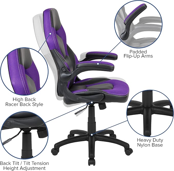 Flash Furniture X10 Gaming Chair Racing Office Ergonomic Computer PC Adjustable Swivel Chair with Flip-up Arms, Purple/Black LeatherSoft