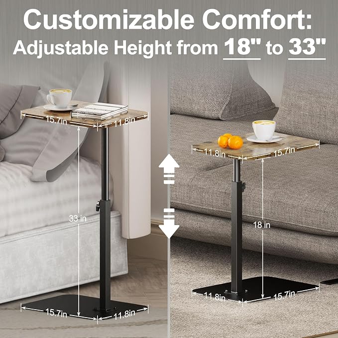 HzTinT TV Tray Table, Adjustable Height & 360° Swivel Couch Table with Heavy-Duty Metal Base that Slides Under Sofa, C-Shaped Side Table for Living Room, Bedroom, Bathroom, Study, and Small Spaces