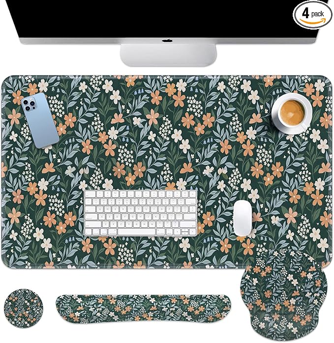 Britimes Green Florals Keyboard Mouse Pad Set Vintage Flower 4in1 Large Mousepad+Keyboard Wrist Rest+Mouse Wrist Rest+Coaster Ergonomic Design for Home Office Computer 35.4x15.7 inches