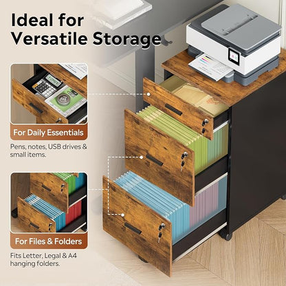 DEVAISE 3 Drawer File Cabinet with Lock & Wheels, Wood Printer Stand, Mobile Filing cabinets for Home Office, Fits Letter/A4 Size, Rustic Brown