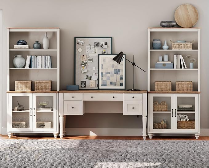 WAMPAT Home Office Furniture Set, 56" Executive Desk with Charging Station, 72" Tall Bookcase with 4 Glass Doors, Wood Computer Desk with File Cabinet Storage, Open Shelf, White