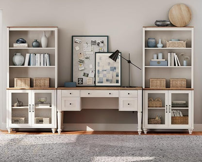 WAMPAT Home Office Furniture Set, 56" Executive Desk with Charging Station, 72" Tall Bookcase with 4 Glass Doors, Wood Computer Desk with File Cabinet Storage, Open Shelf, White