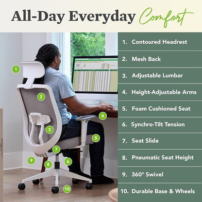 HON Altern Ergonomic Office Chair with Headrest, Mid‑Back Mesh Desk Chair, Adjustable Arms, Seat Slide, Synchro‑Tilt, Rolling Computer Seat for Home Office, Black Frame, Black