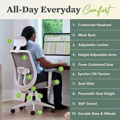 HON Altern Ergonomic Office Chair with Headrest, Mid‑Back Mesh Desk Chair, Adjustable Arms, Seat Slide, Synchro‑Tilt, Rolling Computer Seat for Home Office, White Frame, Black