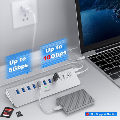 Powered USB Hub 10Gbps, intpw YH9AC Plus 13 Port USB 3.2 Hub(USB A/USB C 3.2+6 USB-A 3.0+2 PD 45W Fast Charging Ports+SD/TF Card Reader), 65W Power Adapter,Aluminum USB HUB for PC,Laptop,iPhone 17/16