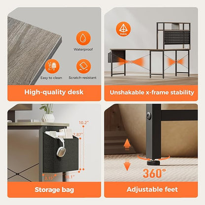 Mericonia 51 inch Large L Shaped Desk with Pegboard Hutch & Shelves, Corner Gaming Desk with Power Outlet, LED Light & Storage Bag, Reversible Computer Desk for Home, Bedroom, Office Workspace, Grey