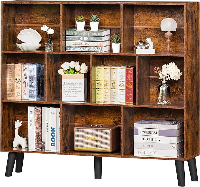 LEYAOYAO 10 Cube Bookshelf,3 Tier Modern Wide Bookcase with Legs,Mid-Century Wood Bookshelves Storage,Brown Large Book Case,Freestanding Organizer Display Shelf for Bedroom,Living Room,Office