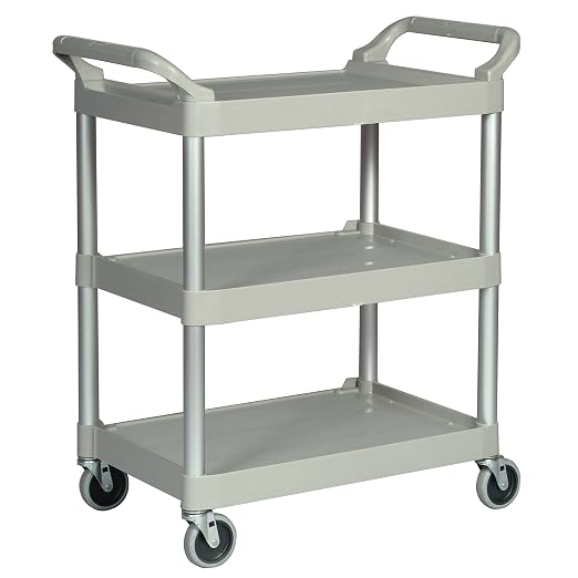 Rubbermaid Commercial Products Heavy Duty 3-Shelf Rolling Service/Utility/Push Cart, 200 lbs. Capacity, Platinum, for Foodservice/Restaurant/Cleaning/Warehouse/Garage